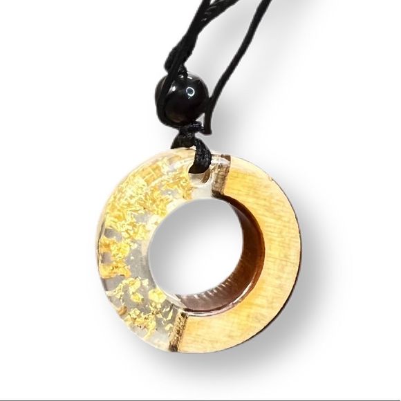 Gold Resin + Wood Circle of Life Round Pendant Adjustable Black Rope Necklace - Picture 2 of 5